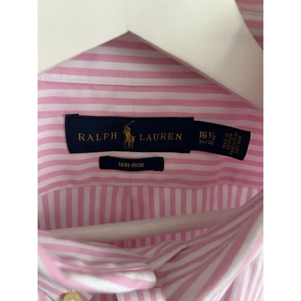 Polo Ralph  Mens Pink White Striped Non-Iron Button Down Shirt 16 1/2 34 35